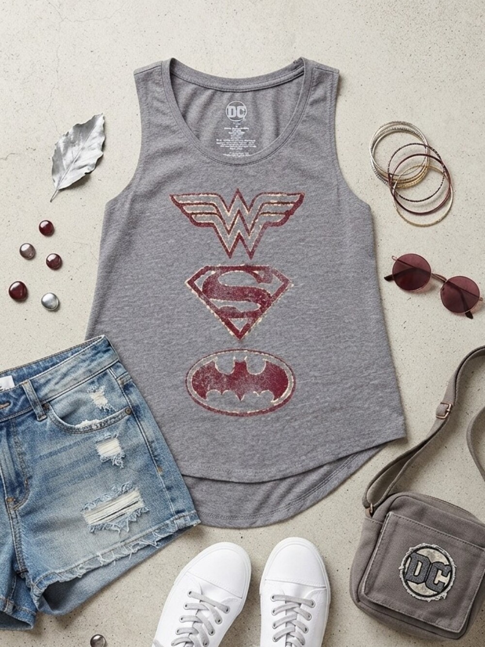 DC Gray Tank Top with Glittery Maroon Superhero Logos